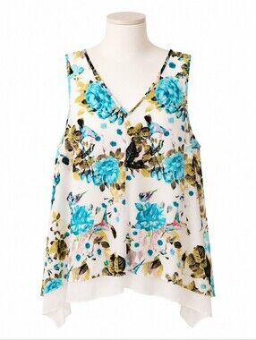 Worthington Floral Bird Print Chiffon V-Neck Tank Top Sz 1X Summer Career Casual